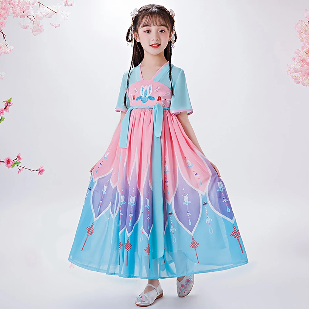 

Chinese style girl chiffon long dress flower pattern girl Chinese Hanfu colorful short sleeve children's party dress