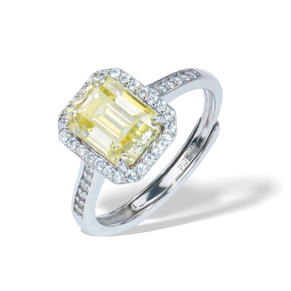 Wholesale 925 Sterling Silver Fine Jewelry Lemon Yellow 2ct Emerald 6*8mm Moissanite Diamond Adjustable Size Wedding Ring