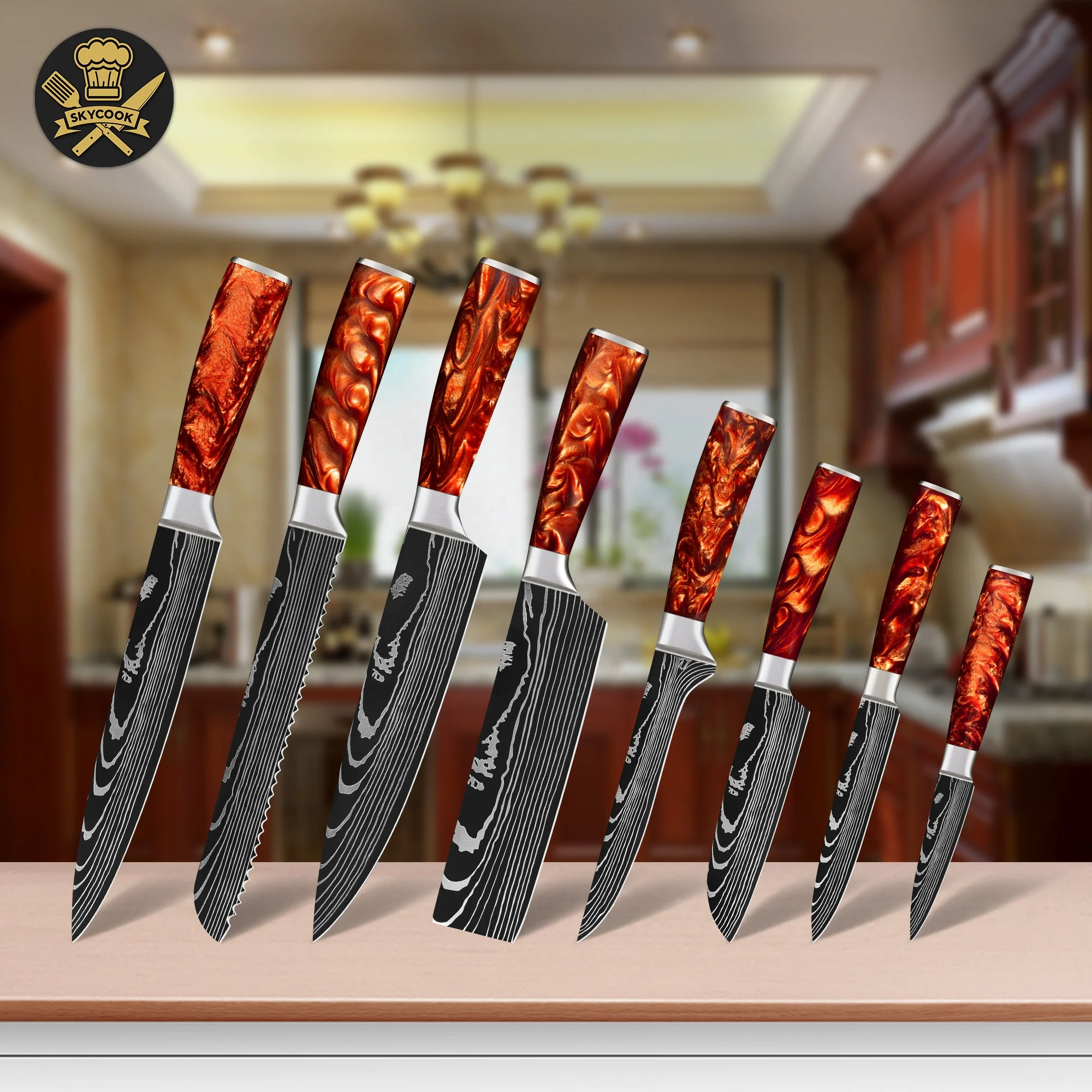 

Free Shipping Lava Red Resin damascus knife set damascus steel knife set damascus chef knife set for home cooking, Customized color