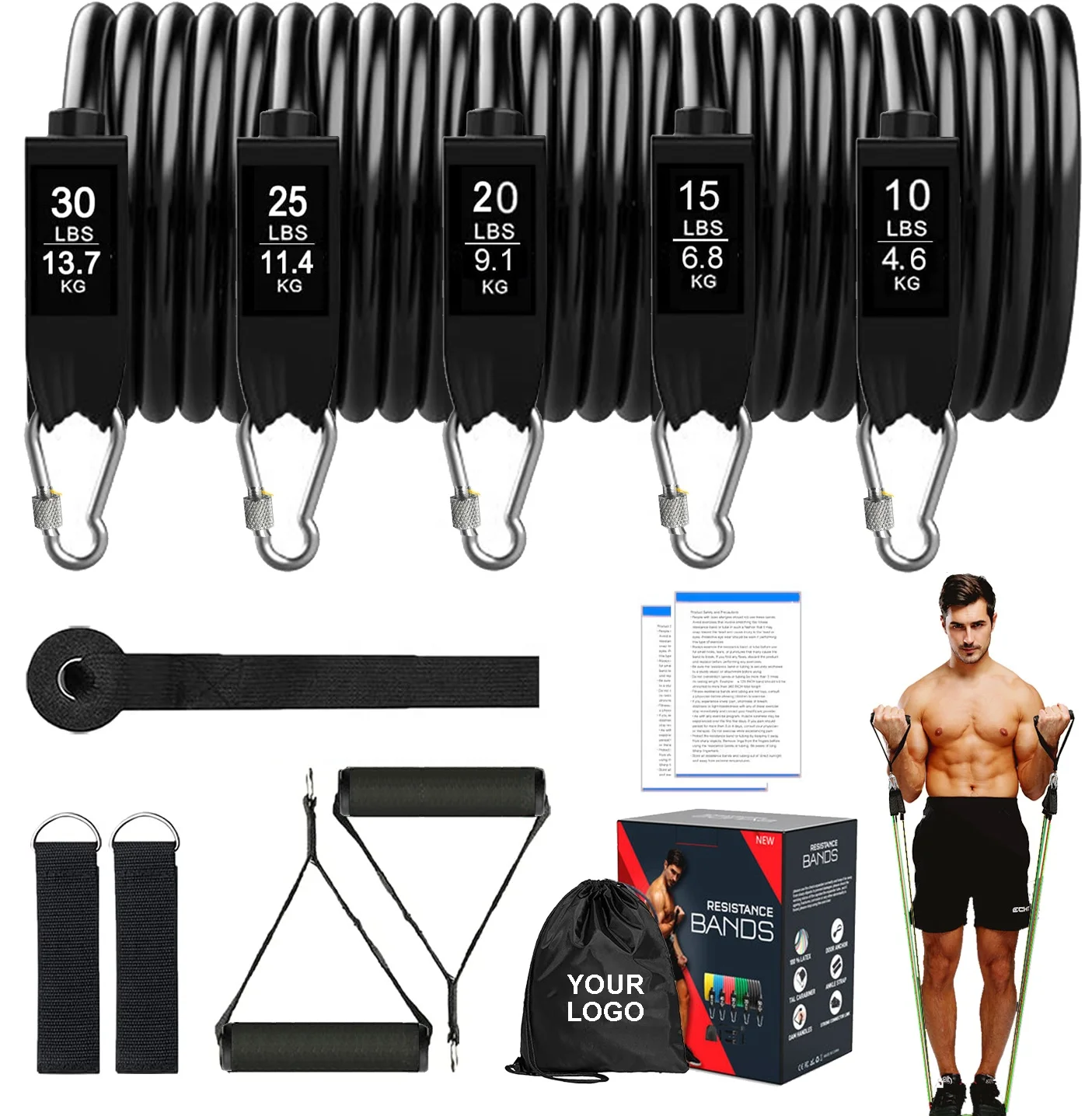 

Amazon Hot Sale 250lb Black Men Heavy Latex TPE Strength Boxing Workout Muscles Resistance Ankle Thickened Tube Tubing Bands Set