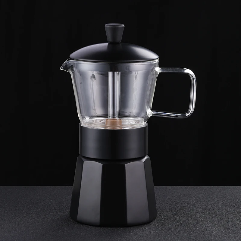 

Hot Sale Food Grade 9cups Black Crystal Glass Aluminium Stove Espresso Manual Mocha Moka Pot Moka Coffee Maker