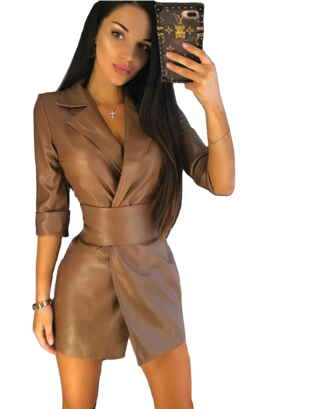 

2022 Spring New Arrival Ladies Office Wear Sexy Clothing Three Quarter Sleeve Women Lapel Blazer Faux PU Leather Dress With Belt, 3 colors for selection