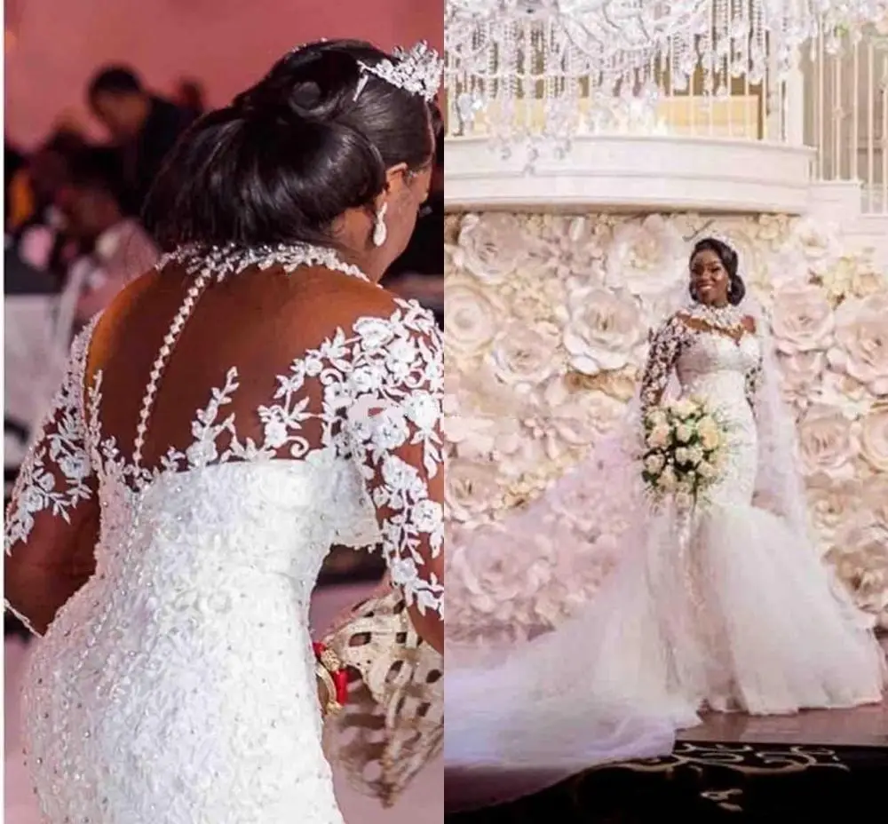 

Luxury Lace Appliques Full Sleeves Mermaid Wedding Dresses Beading Custom Made Bridal Gowns Formal Plus Size Vestidos De Marrage