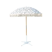 

Luxury Tassel Promotional Eco Friendly Fabric Cotton Custom Logo Woodeb Pole Beach Umbrella With Tassel White