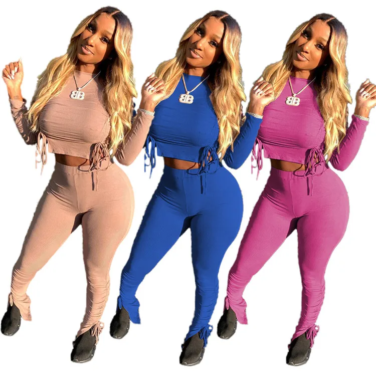 

Latest Design Lady Plain Color Tops And Tight Trousers Autumn Winter Women Two Piece Set, Picture