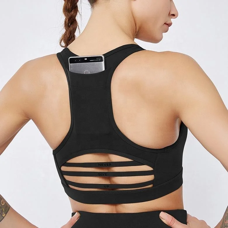 

Wholesale knitting yoga back phone pocket sports bra with phone pocket