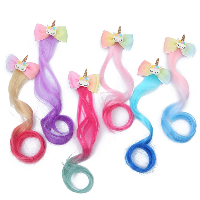 

Kids Bow Hair Clip Ponytails Curly Wig Clips For Girls Colorful Cartoon Unicorn Party Wig Braid Hair Clip