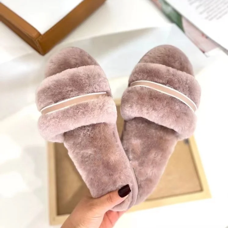 

Wholesale Winter Home Slippers Shoes Ladies Soft Plush Furry Female Open Toe Slides Women Warm Fur Slippers, Pink,grey,leopard print