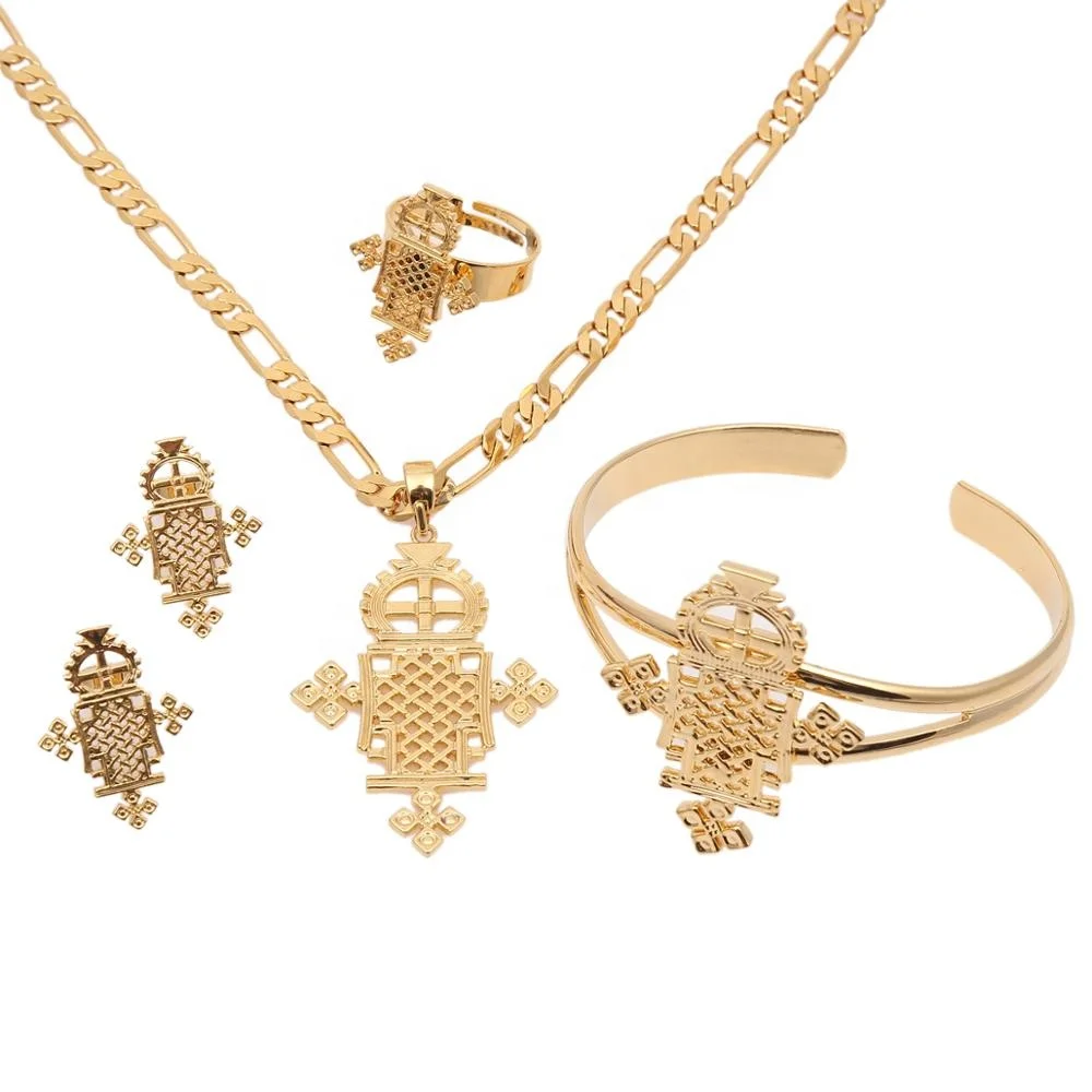 

Ethiopian Gold Color Cross Bangle Pendant Jewelry Set African Abyssinia Women Jewelry