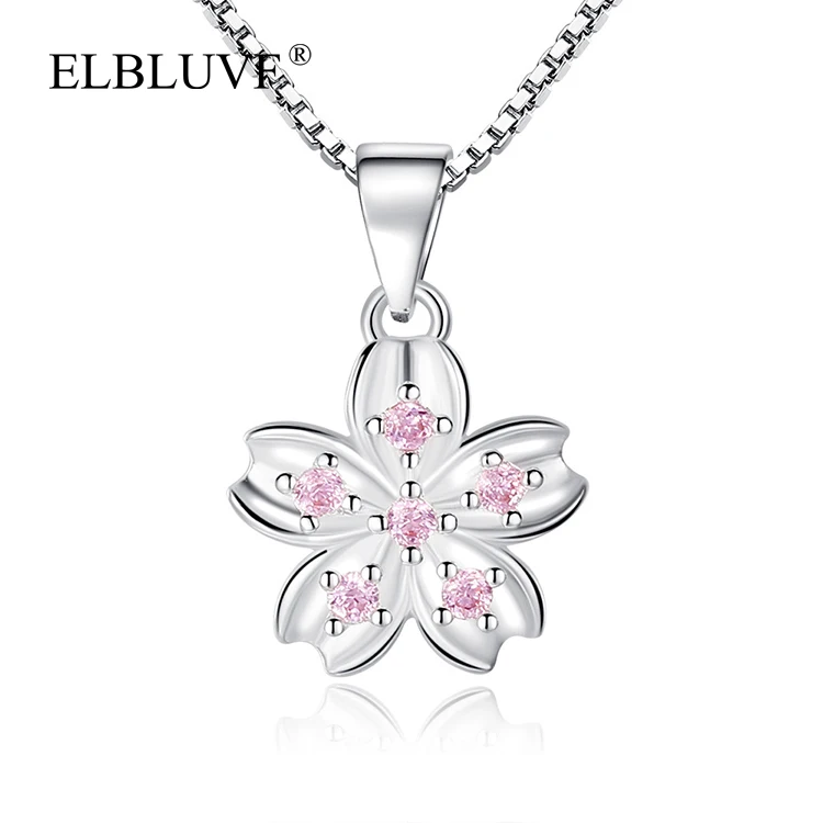 

ELBLUVF S925 Silver Plated New Arrive Pink Zircon Cherry Blossoms Shape Pendant Fancy Flower Jewelry, Steel color