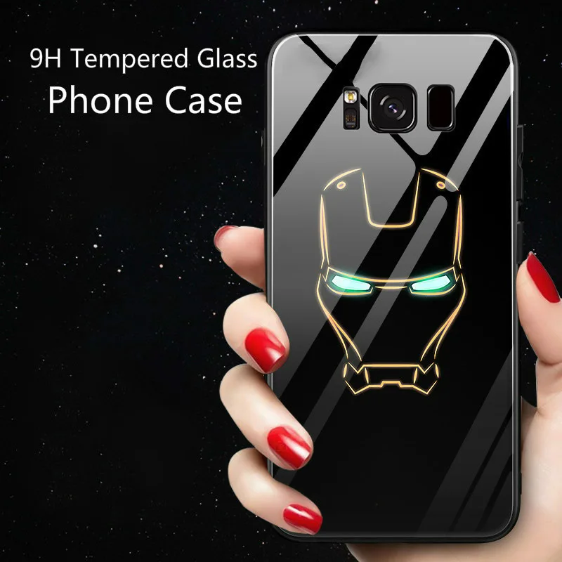 

Marvel Avengers Luminous Tempered Glass Case Coque Iron Man Glow LED Phone Cover for Samsung Galaxy S10 Plus S10E S8 S9 Note 8 9, 8 colors