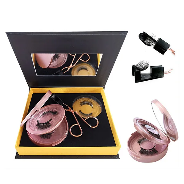 

Wholesale Factory Price 2 Pairs Reusable Soft Magnet Eyelashes False eyelashes gift pack with Gold Magnetic Lashes Clip and Box, Natural black