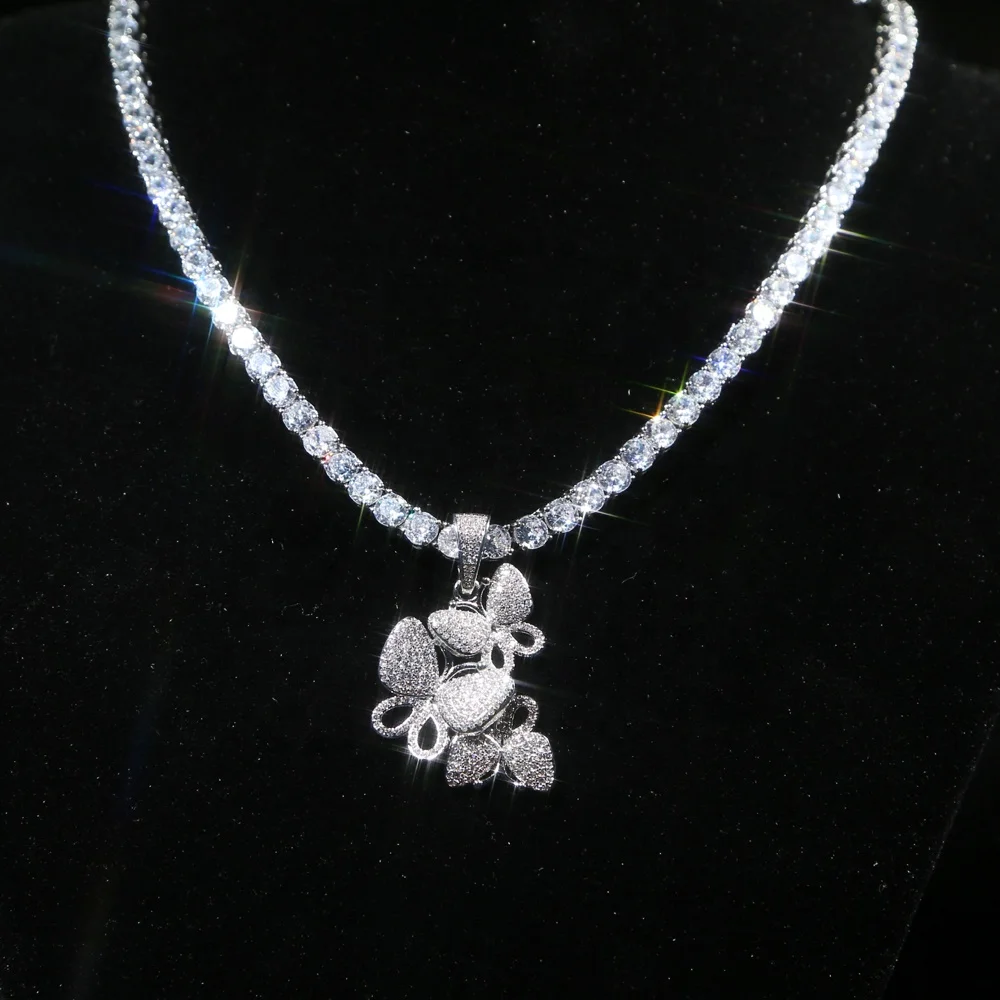 

3pcs Butterfly Pendant silver color tennis Chain Cubic Charm Tennis Chain Necklace Women Hip Hop Jewelry for wedding hip hop, Black