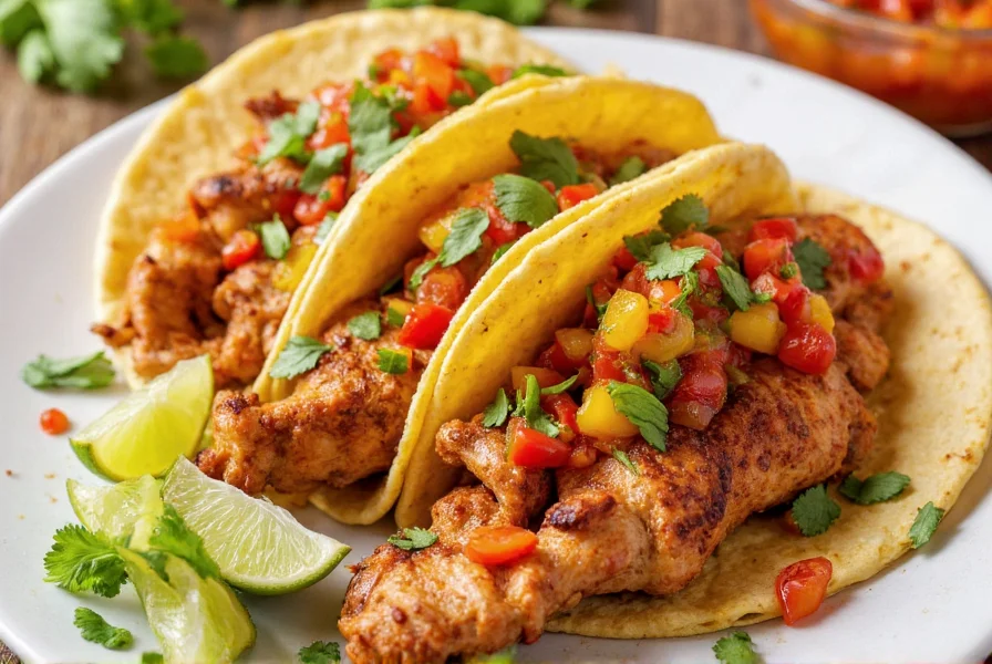 Colorful plate of grilled chicken tacos topped with fresh arbol pepper salsa and garnished with cilantro and lime