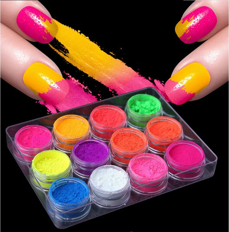 

12 Colorful Nail Art Glitter Pigment 3D Phosphor Dust Decorations Neon Pigment Powder Ultrafine Fluorescent Nail Powder, 12 colors