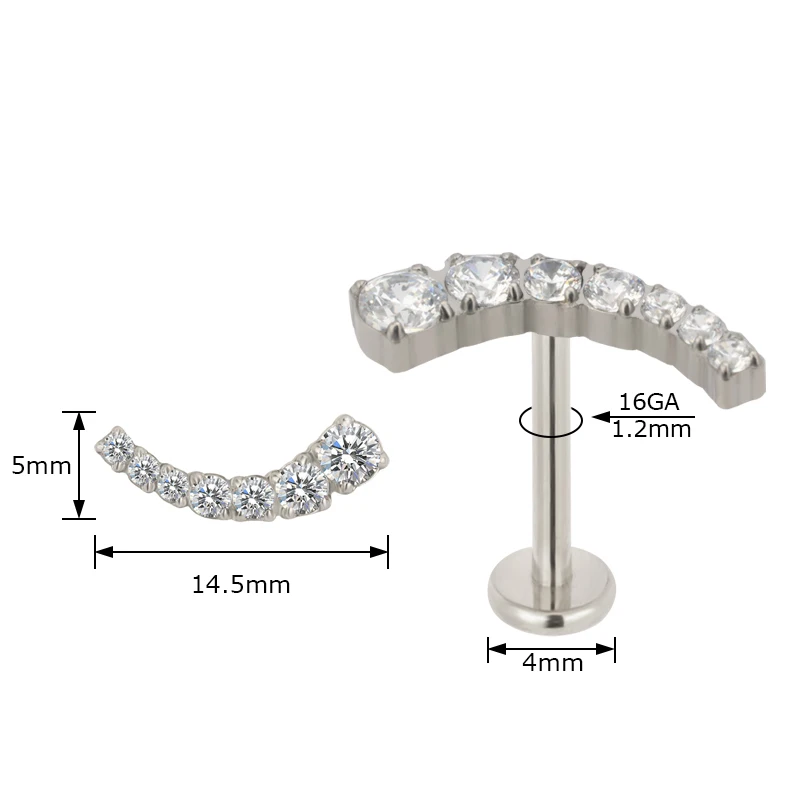 

GZN New Model Piercing Jewelry Titanium Descending 7 CZ Curved Prong Set Internally Threaded Top Labret Earring