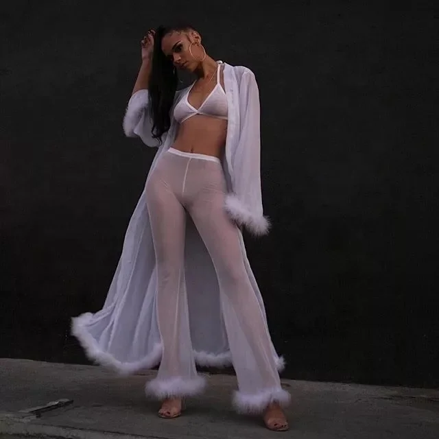 

Sexy Sheer Women Summer Suits Party Feather Pants Sexy Crop Tops Sets Mesh Club Outfits solid color sheer mesh 2 pcs pants set