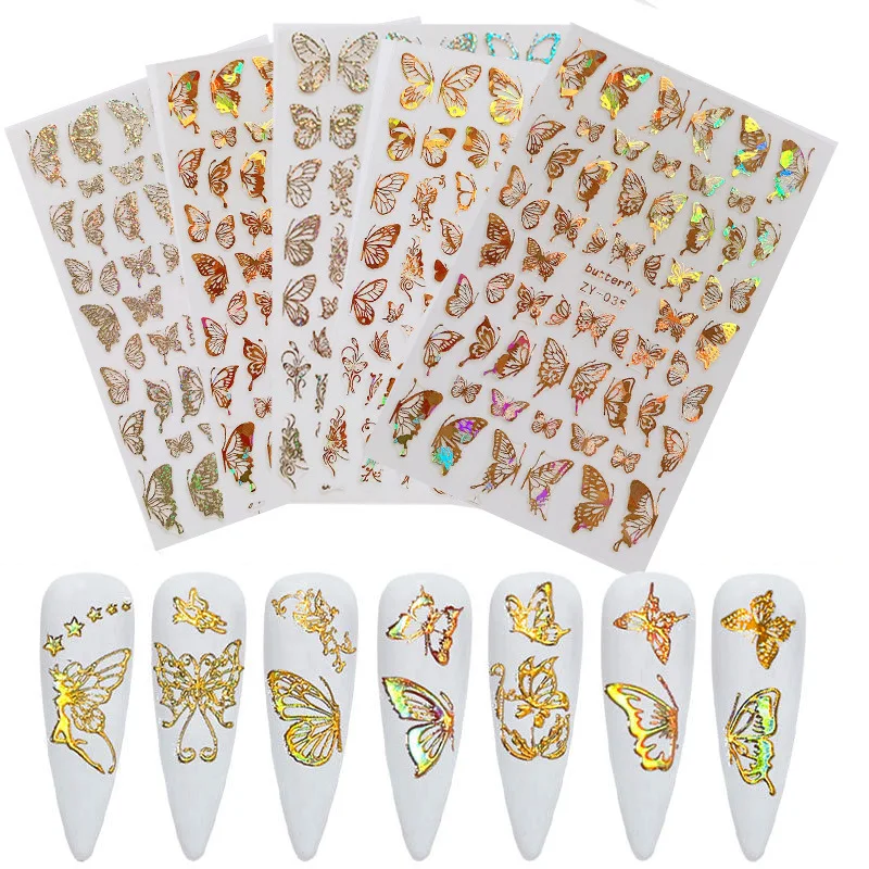 

Holographic 3D Butterfly Nail Art Stickers Adhesive Sliders Colorful DIY Golden Nail Transfer Decals Foils Wraps Decorations, As picture