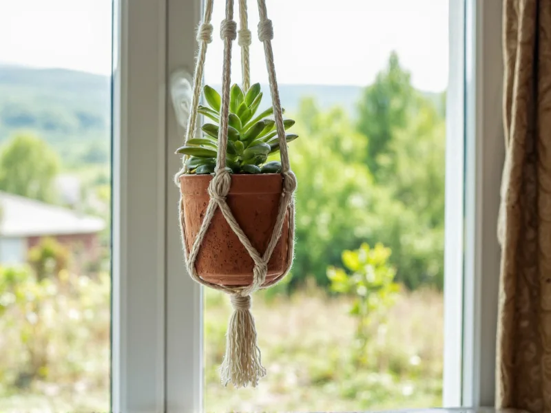 Macrame plant hanger holding succulent in sunny window