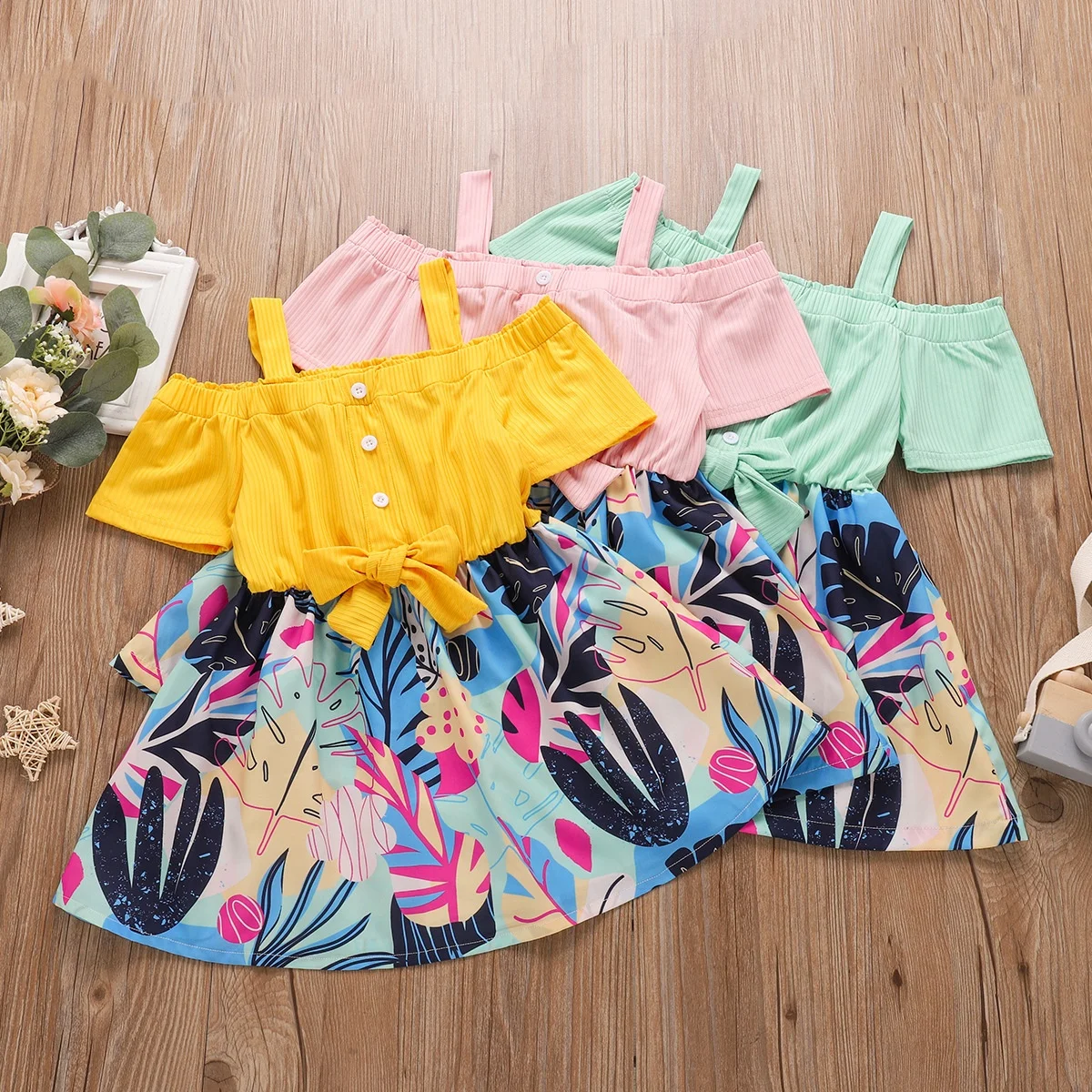 

Toddler Kids Baby Girls Off Shoulder Floral Dress kids summer bow clothes dresses