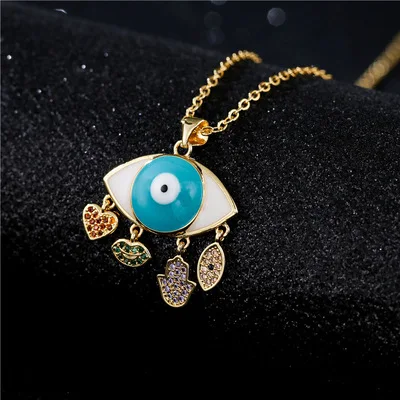 

Wish Hot Sale Oil Dripping Crystal Eyes Hand Heart Necklace Rainbow CZ Turkish Evil Eyes Pendant Necklace For Women
