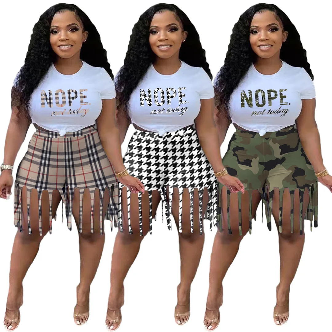 

new fashion women NOPE print t shirts tassel fringe plaid midi shorts sets lady summer two pieces sets