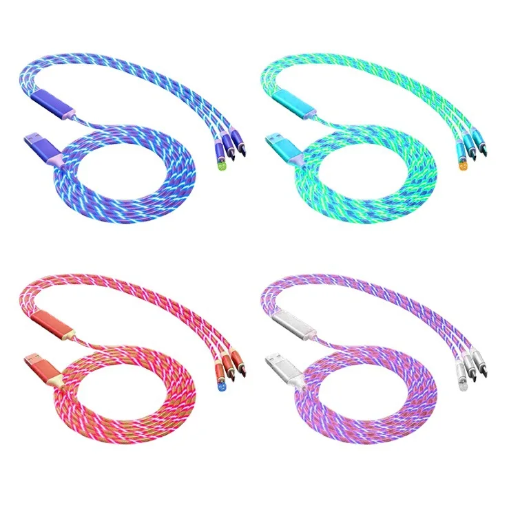 

2021 latest model 3in1 flow luminous lighting usb cable for Android iPhone Microusb Type C hogh quality charger with light l, White green red green