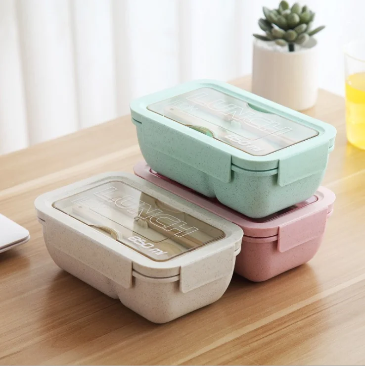 

Wheat straw microwave safe student rectangular buckle sealed portable lunch box with cutlery