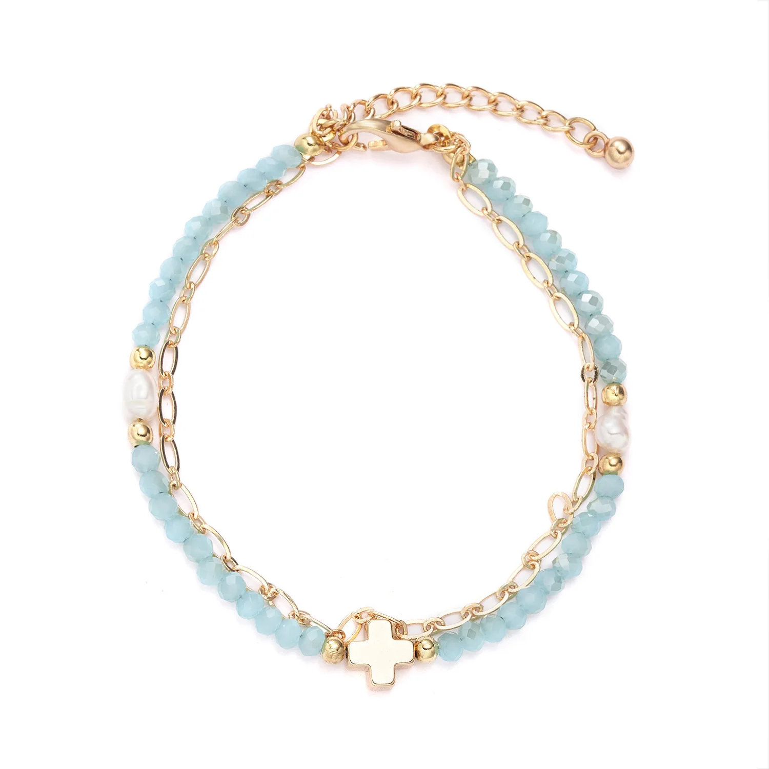 

cross beads rhinestone bracelet double layer chain Bangle for women girls student, Beige and black