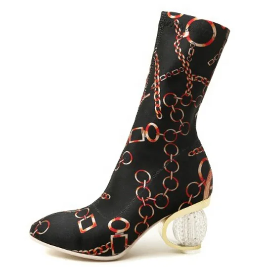 

Large Size 44 Floral Print Women Strange Heel Mid-calf Boots Round Toe Transparent Heel Booties Lady Pull on Dress Boots, Red grey