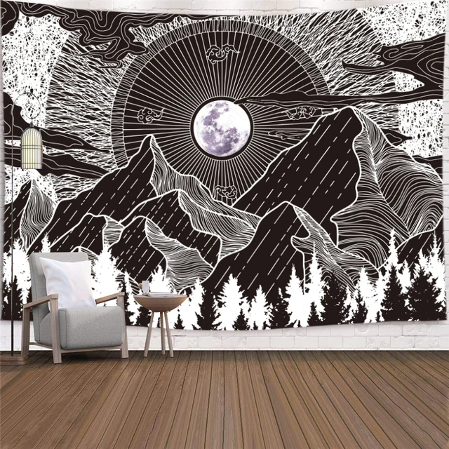 

Witchcraft Moon Tapestry Mountain Wall Hanging Black Psychedelic Mandala Tapestries Wall Carpet Cloth Home Decor