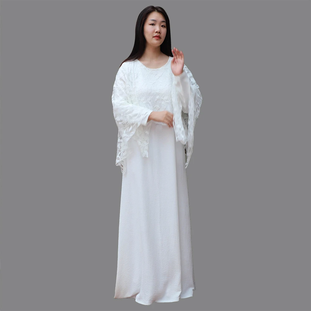 

Hot sale Dubai two-piece lace hollow robe Ramadan black and white Islamic clothing islamic national robe for women, Black white