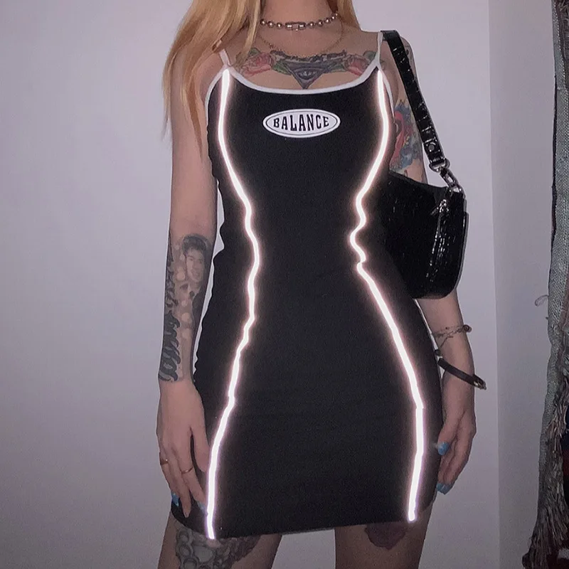 

X00909C sheath short dress fashion street Reflective patchwork 2020 summer new mini dresses letter print cotton elastic hight, Black