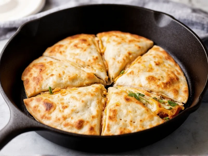 Perfectly flipped chicken quesadilla in cast iron skillet