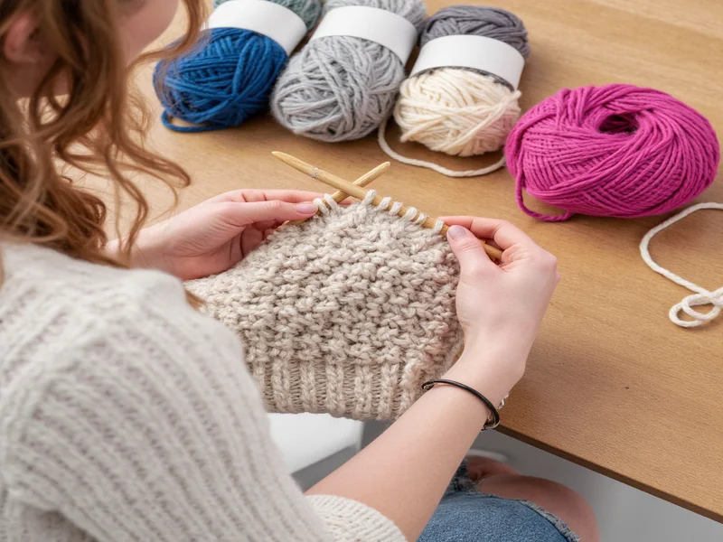 Step-by-step beginner knitting project with yarn