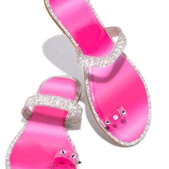 

PDEP New style 2021 Summer Flat Hollow Rhinestone Large Size 40-43 Outdoor Slipper bling sandals slides, Silver,black.pink