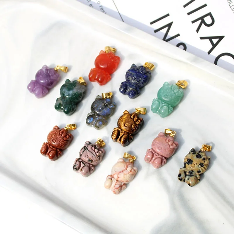 

Hand Carved Natural Crystal KT Cat Charm Colorful Birthstone Gem Stone Hello Kitty Pendant