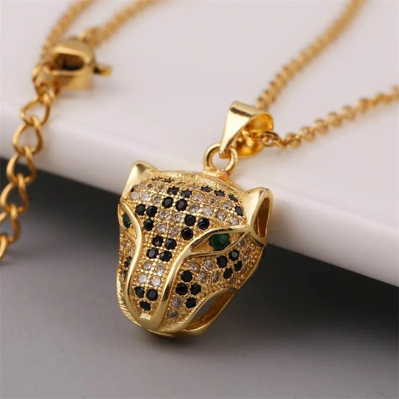 

Punk Micro Pave CZ Leopard Head Pendant Necklaces 18K Gold Plated Cubic Zircon Leopard Necklaces For Hip Hops Jewelry