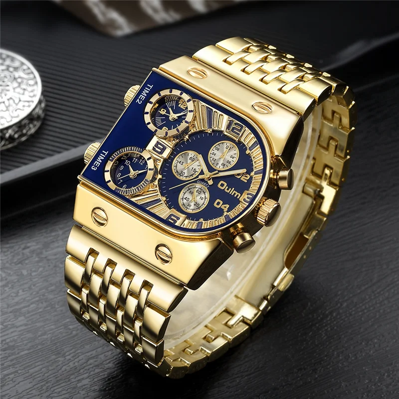 

Oulm Men Military Waterproof Square Watches Luxury Brand 3 Time Zone Stainless Steel Big Dial Male Wrist Watch Relogio Masculino