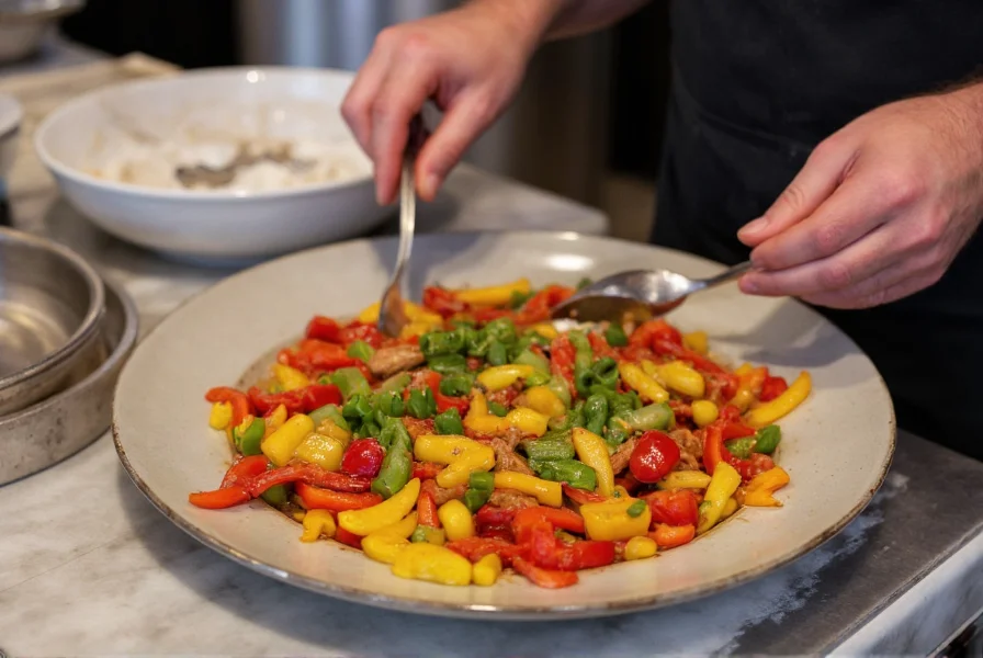 Chef preparing dish with blue-tinged peppers alongside traditional red and yellow bell peppers for color contrast