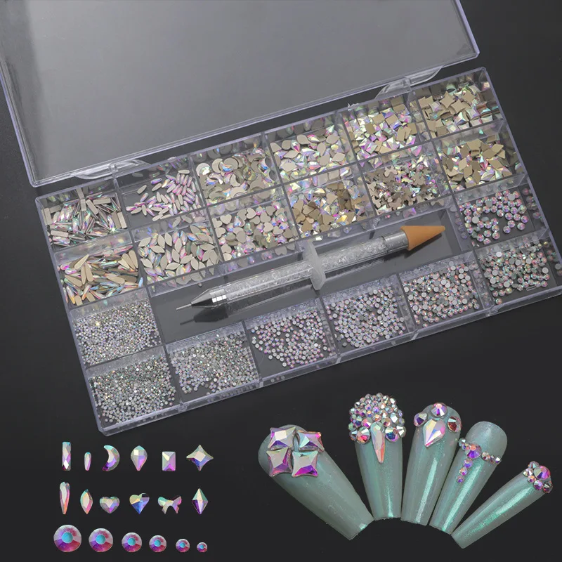 

18 designs mixed 3d shiny flatback diamond jewelry stone big crystal box nail art rhinestone for nail art decoration wholesale, 18 colors