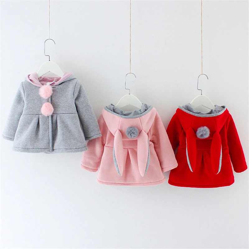 

Autumn and winter coats hooded children's cardigan solid color two-hair ball rabbit ears baby girl clothes factory direct, As pictures