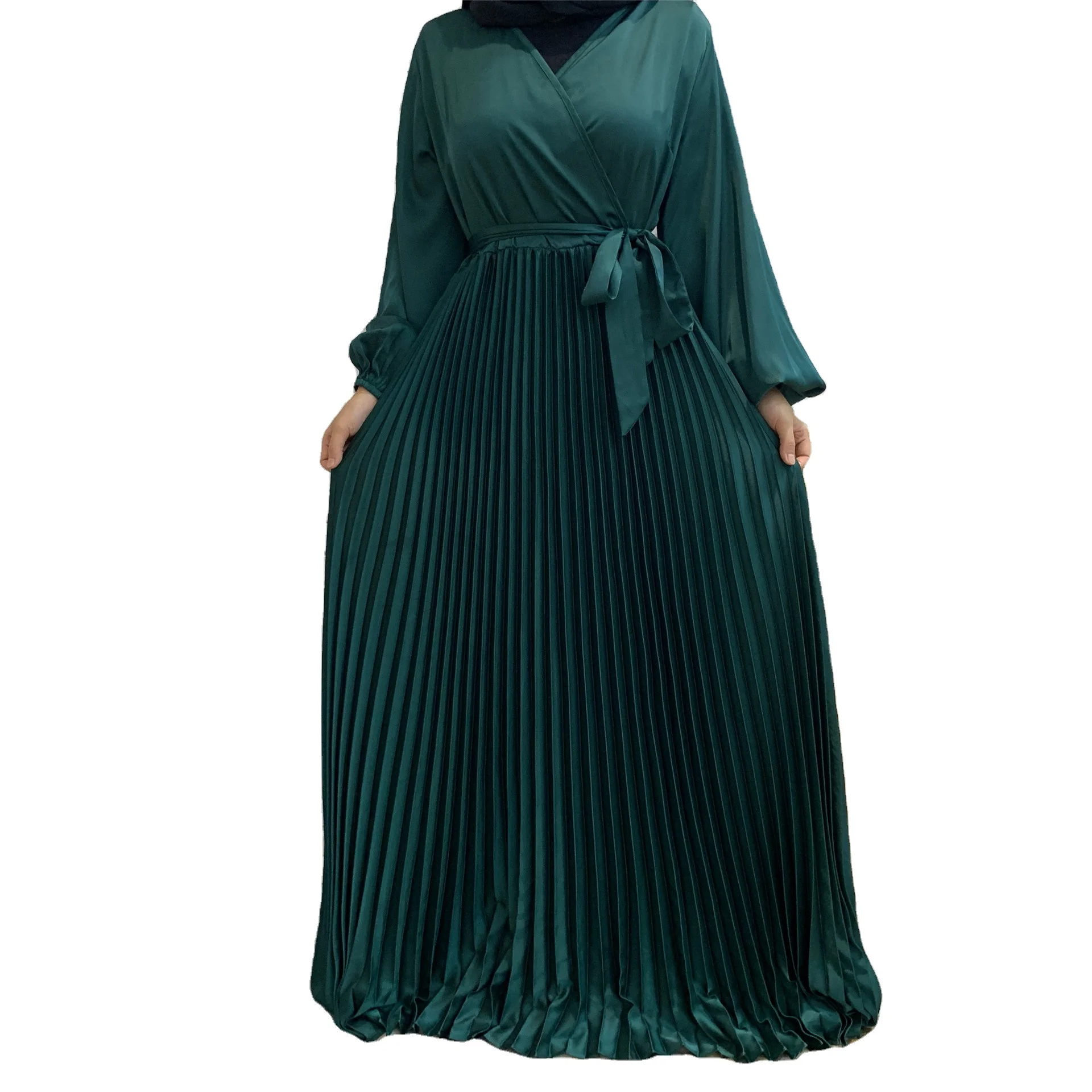 

2021 Islamic Clothing New Fashion V-Neck Stitching Pleated Big Skirt Hijab Muslim Women Dress, Photo shown