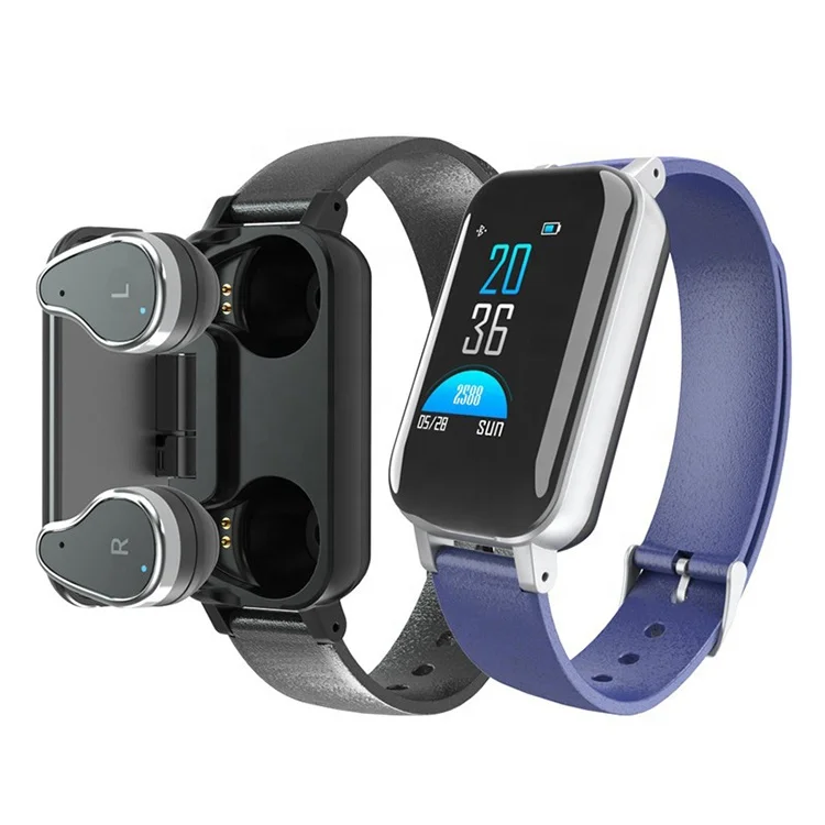 

Touch Screen Handsfree Headset 2 In 1 Sports T89 Wireless Smart Watch BT Dual Earbuds Bracelet, Black,blue,gold