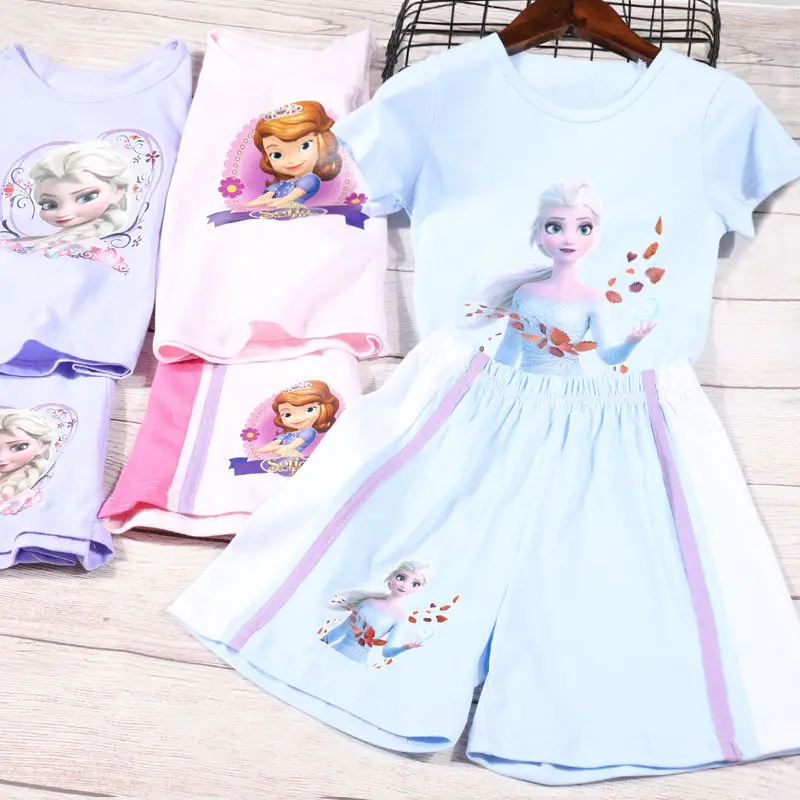 

Children's Summer New Girls' Cotton Casual Suit Cartoon Printed Short Sleeve T-shirt + Shorts Two-piece Set