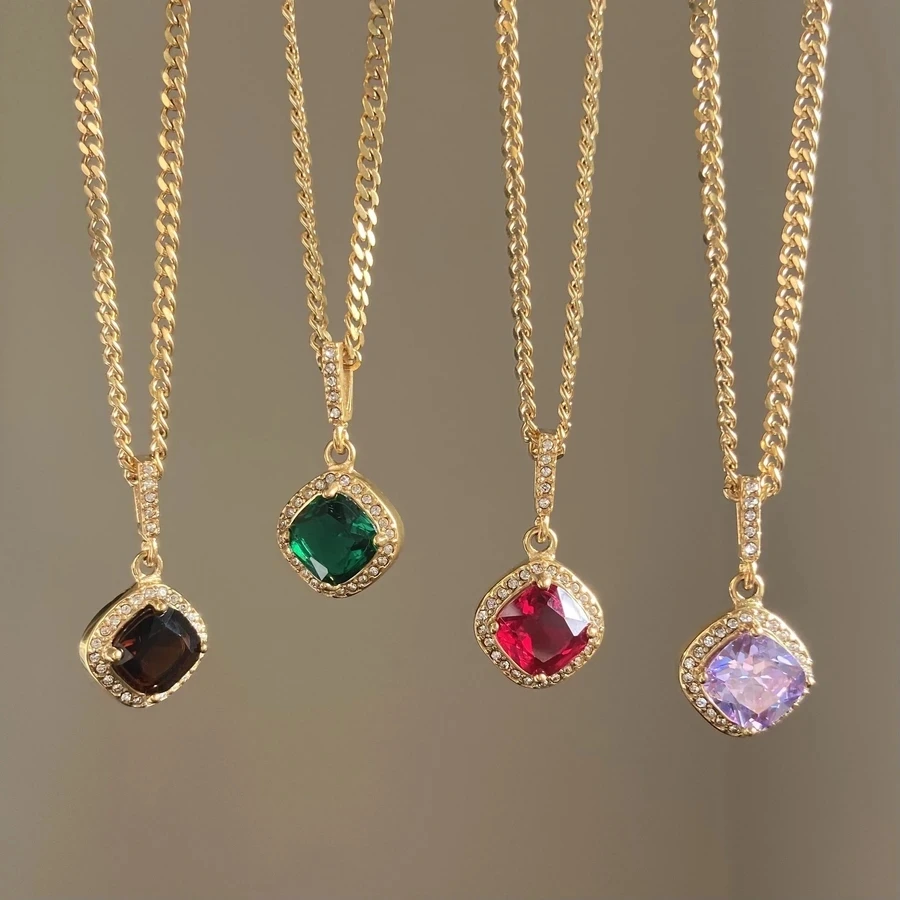 

Custom Jewelry manufacturer Chunky brass gold chain semi-precious crystal square cz diamond stone pendent necklace