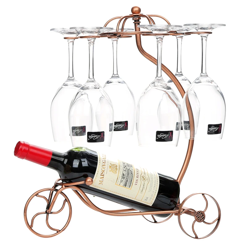 

Storage 6 Stemware 1 Bottle Display Stands Vintage Metal Bicycle Countertop Rack Wine Glasses Holder, Bronze