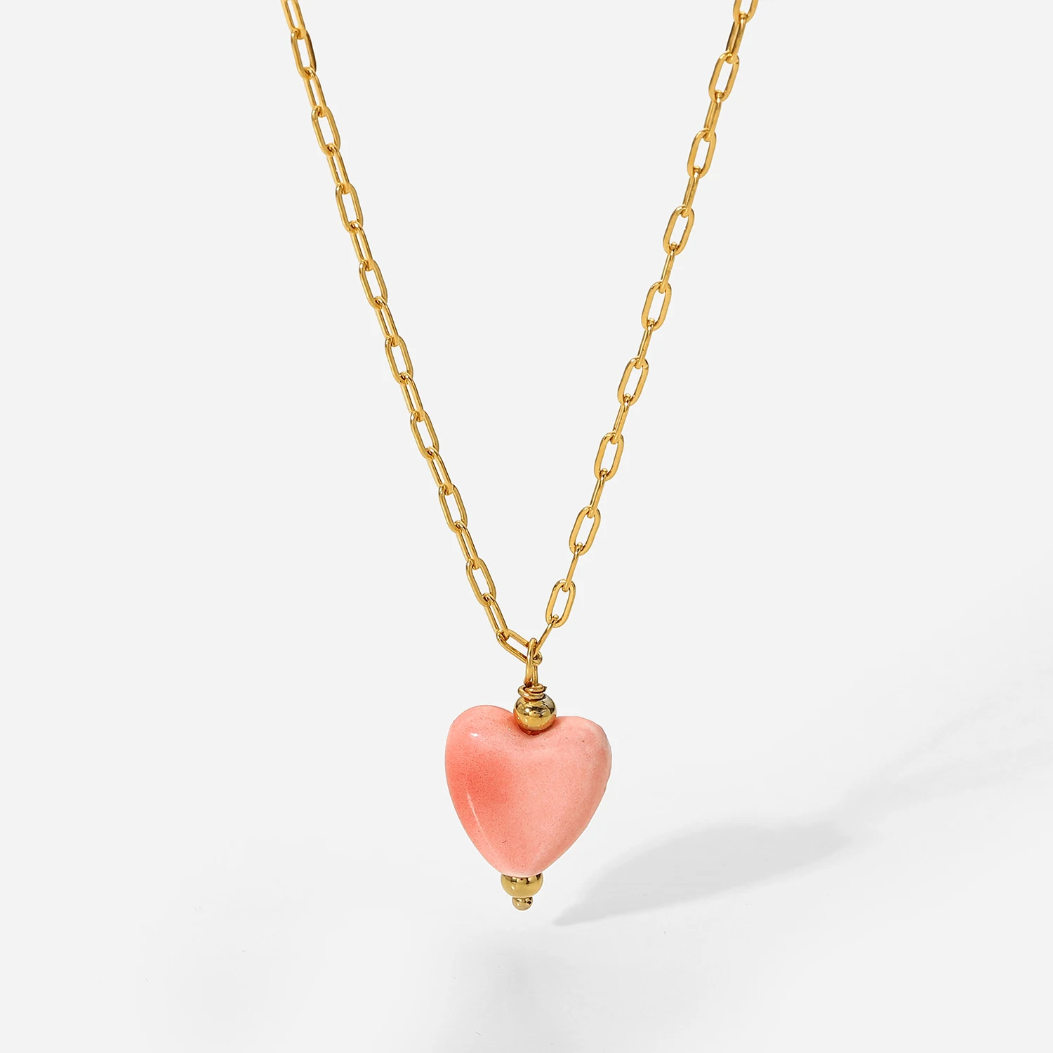 

Sweet Pink Love Shaped Ceramic Pendant Necklace 18K Gold Stainless Steel Paperclip Chain Necklace Jewelry