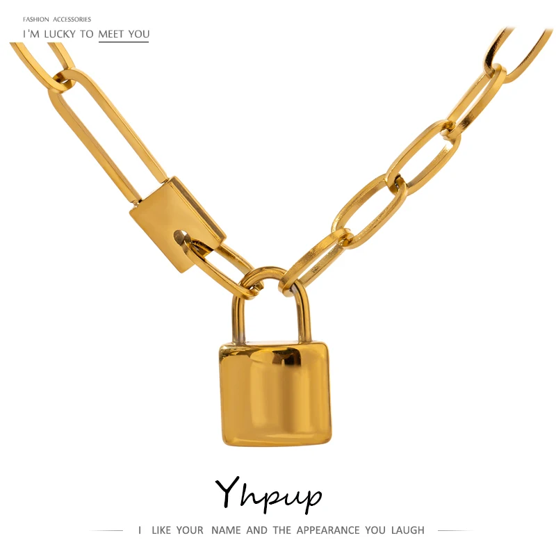 

Yhpup Statement New Stylish High Quality Jewelry Stainless Steel Plated Real Gold Metal Necklace Choker Collar Lock Necklace, Gold color