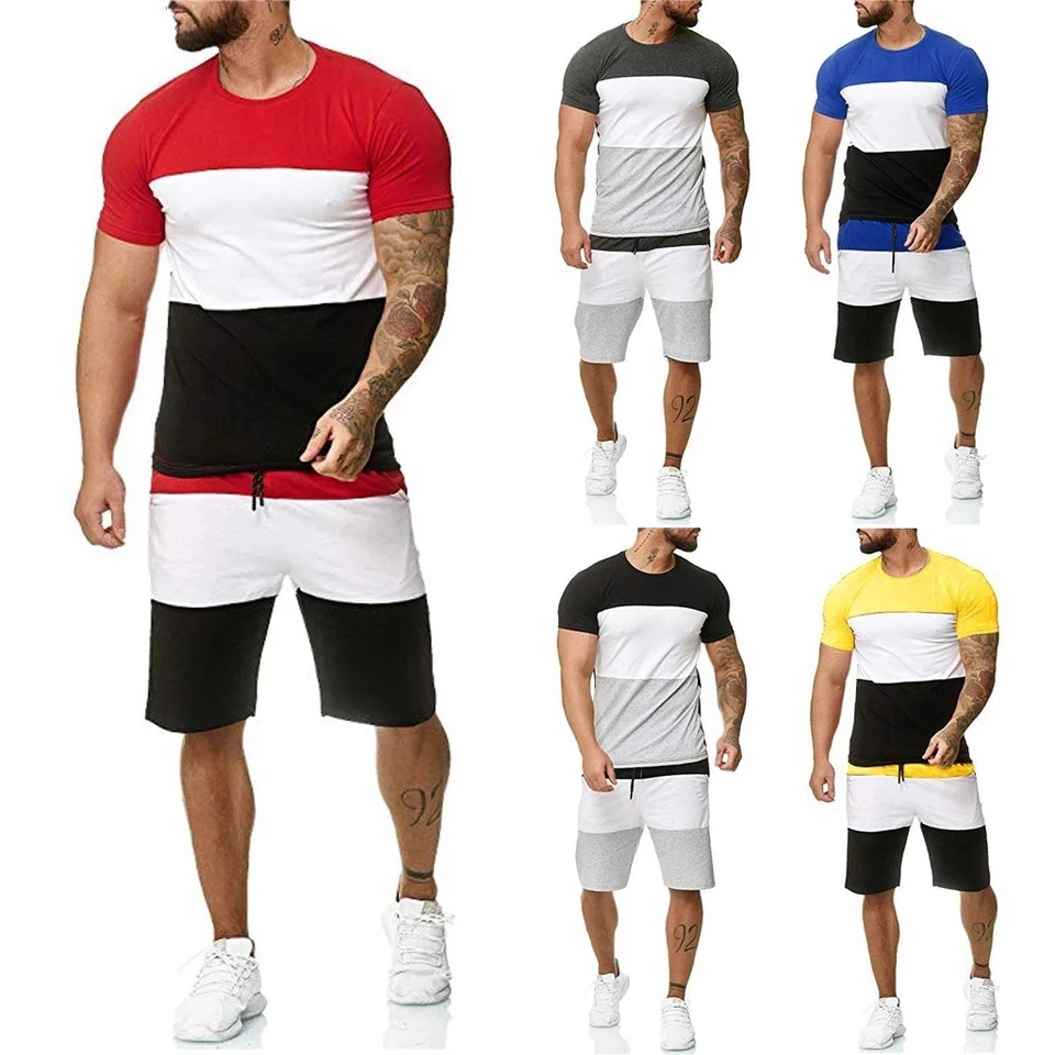 

Hot Sale Accept LOGO Custom Breathable Soft Stitching Suit Male Patchwork Sportswear Tracksuit Mens 2 Piece Shorts Set